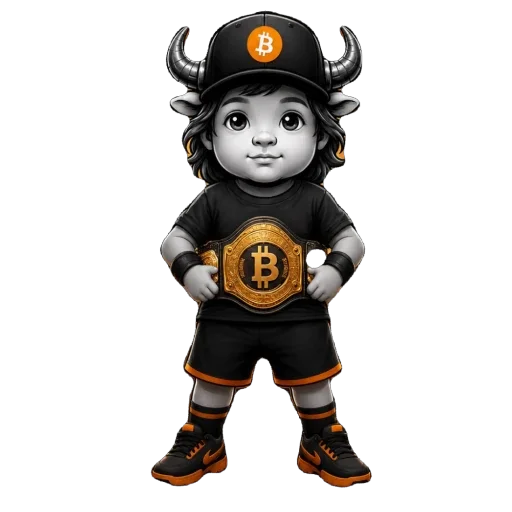 Baby Bitcoin Bull wearing a Bitcoin championship belt