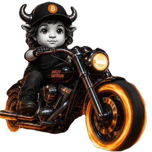 Baby Bitcoin Bull riding a motorcycle