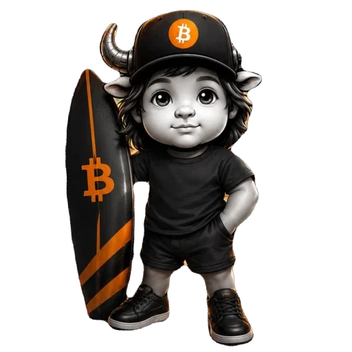 Baby Bitcoin Bull with a surfboard